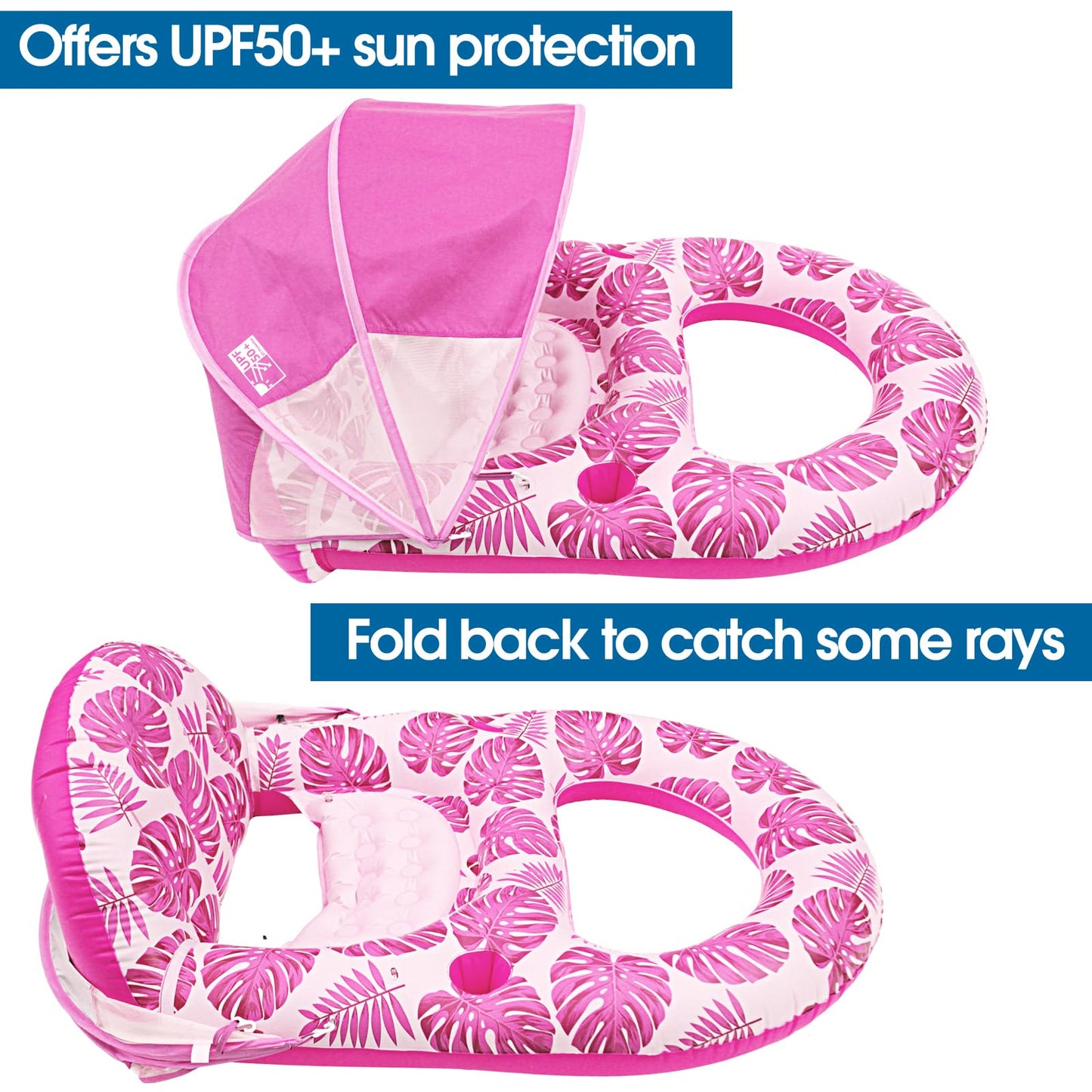 Coolcooldee Pool Lounge Float With Canopy Upf50+,Extra Large Pool Floats For Adults Heavy Duty,Inflatable Lounger Float With Cup Holder & Backrest,Footrest(Pink)