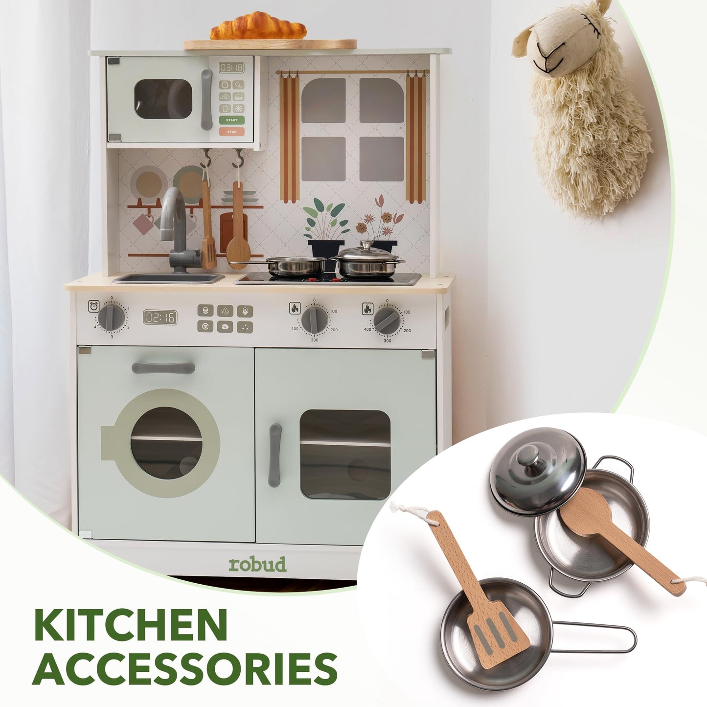 ROBUD Play Kitchen for Kids, Wooden Kids Kitchen Playset with Lights & Sounds, Pots, Cookware, Pretend Kitchen Gift for Boys Gir