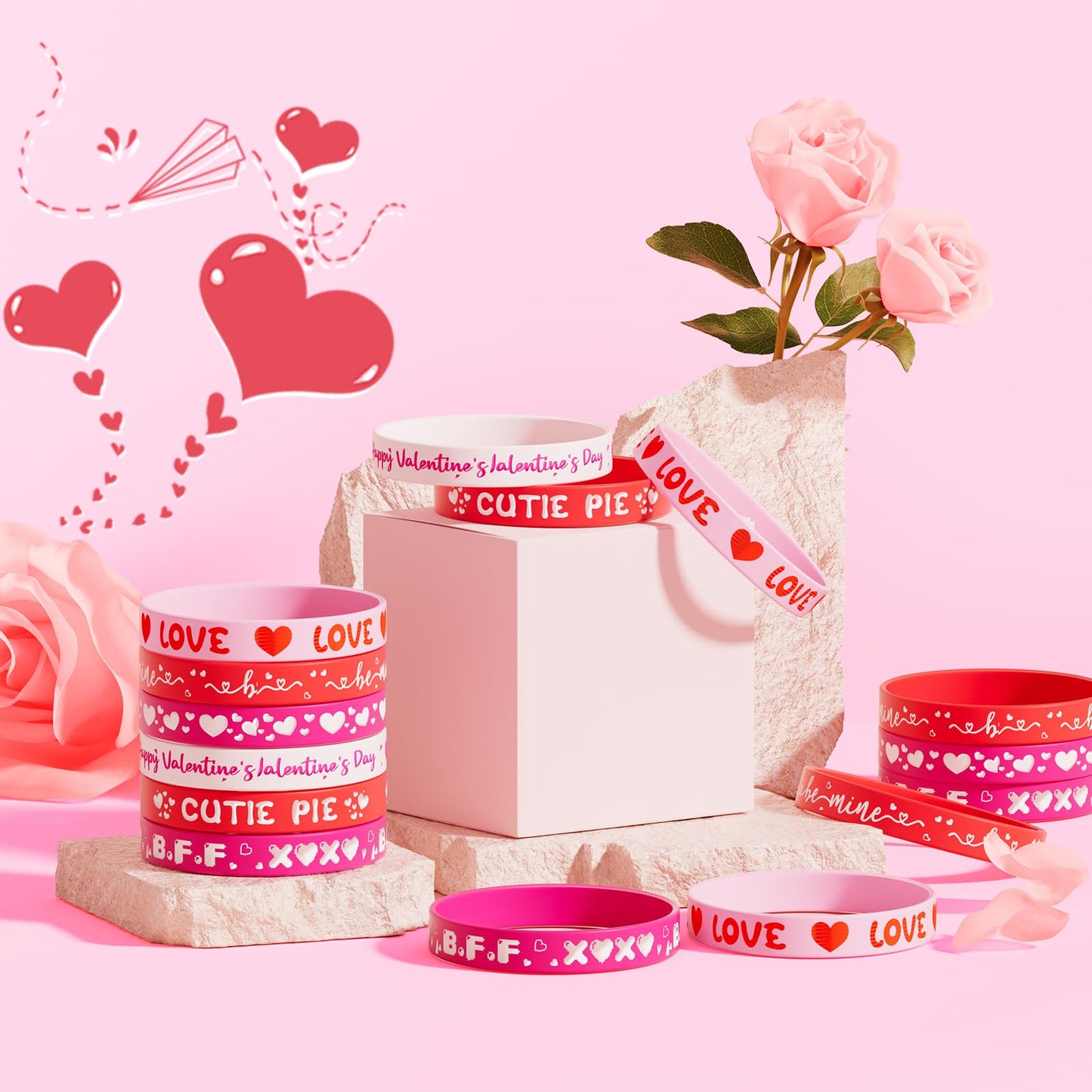 Valentine's Day Rubber Bracelets Bulk - 30PCS Valentines Day Gifts for Kids Valentines Party Favors Supplies Silicone Wristbands
