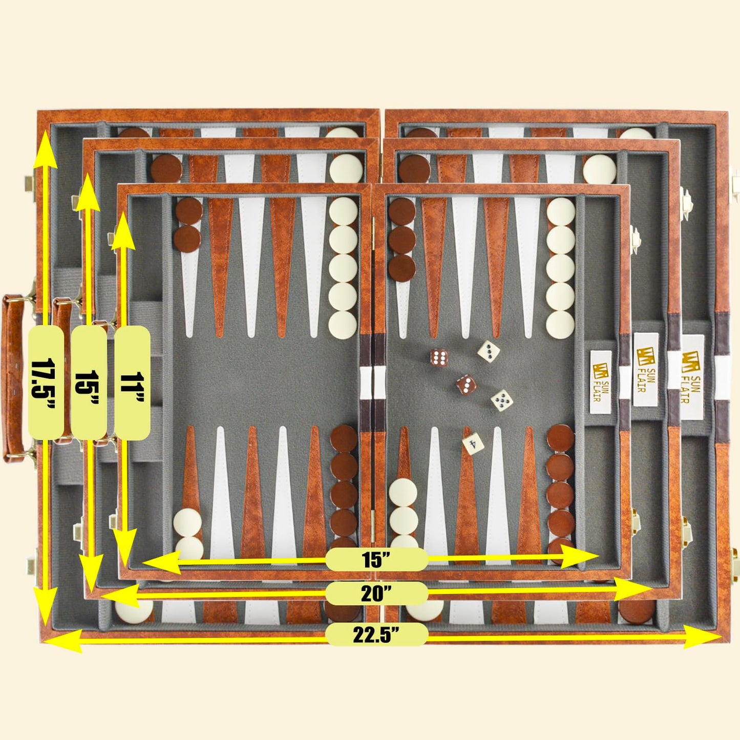 Sun Flair Backgammon Set - 11 Inch Backgammon Sets For Adults, Folding Classic Board Game With Premium Leather Case, Best Strategy And Tip Guide Enclosed (Brown, Small)