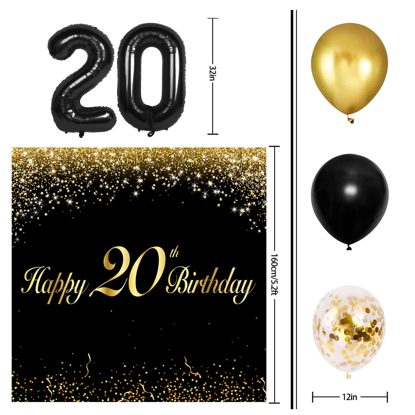 Happy 20Th Birthday Balloons Black Set Decor - Cheers To 20 Years Old Party Theme Garland Banner Backdrop Decorations For Women
