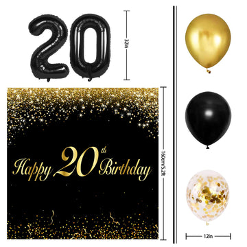 Happy 20Th Birthday Balloons Black Set Decor - Cheers To 20 Years Old Party Theme Garland Banner Backdrop Decorations For Women