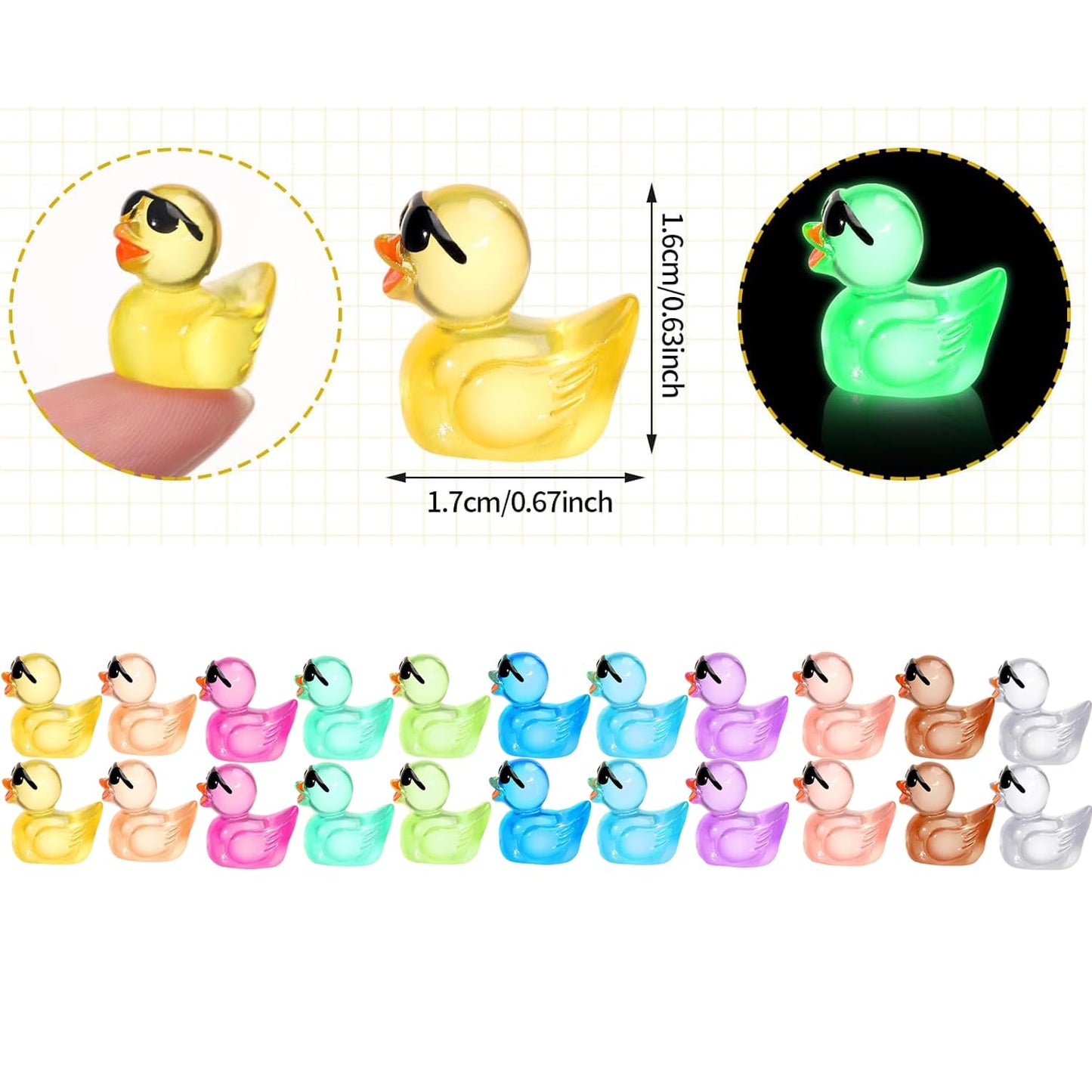 Chakanlx 110Pcs Luminous Sunglasses Mini Resin Duck 11 Colors Little Small Ducks Glow In The Dark Duck Figures For Dollhouse Aqu