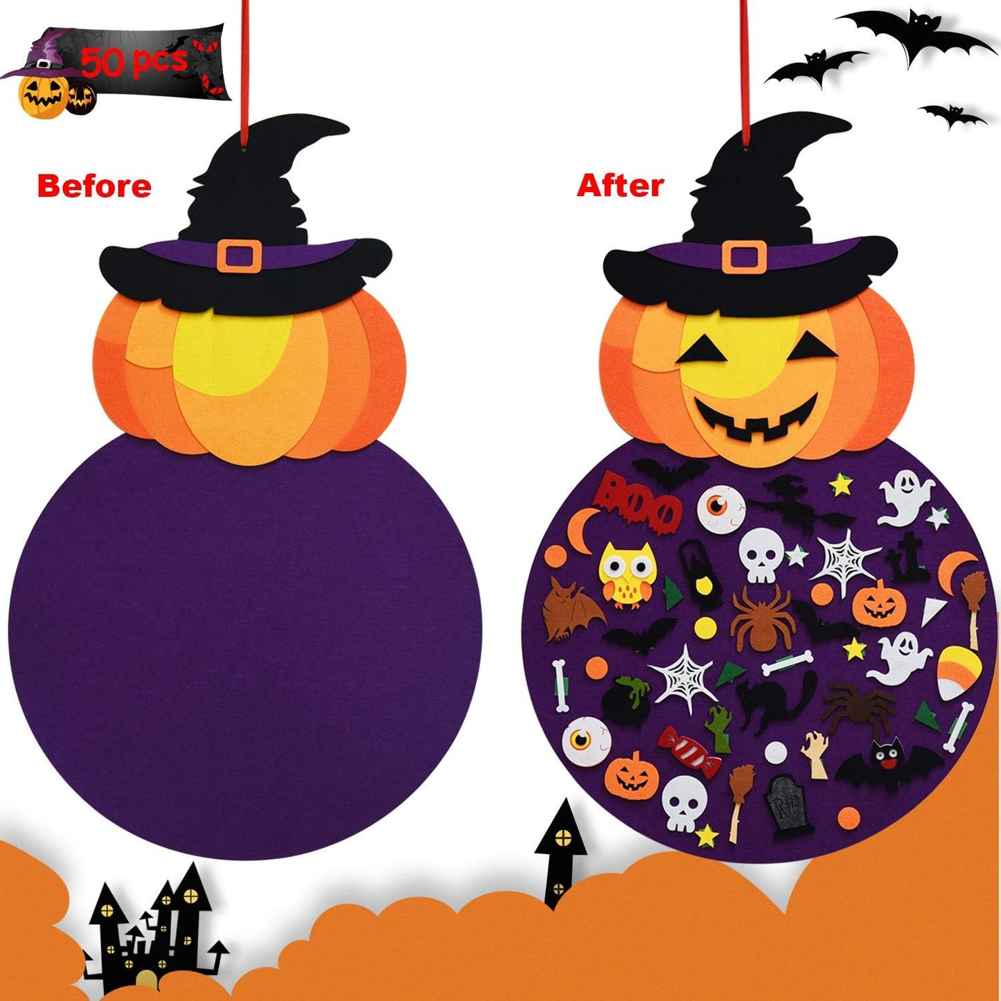 THAWAY DIY Halloween Felt Pumpkin Witch Hanging Decor for Kids Felt Crafts and Kits Adhesive Ornaments Halloween Party Favor Dec