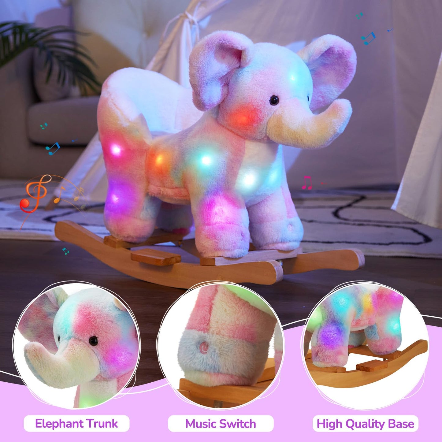 Glow Guards Light Up Musical Elephant Baby Rocking Horse Set Of 2 With Rainbow Elephant Plush Toy Baby Wooden Chair For Toddlers Girls And Babies Age 1-3 (Elephant)