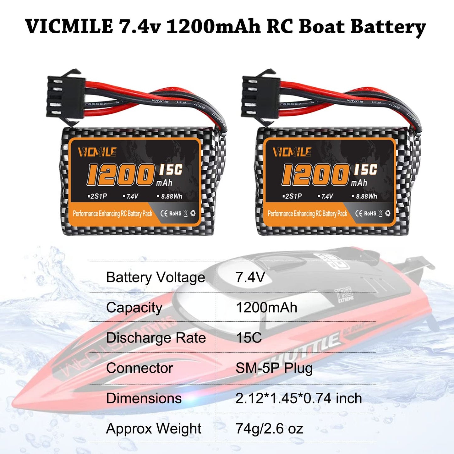 VICMILE 7.4V 1200mah Li-ion Battery 2S 15C RC Boat Batteries R208 R308 Battery Fit for High Speed Remote Control Boats 2Pack wit