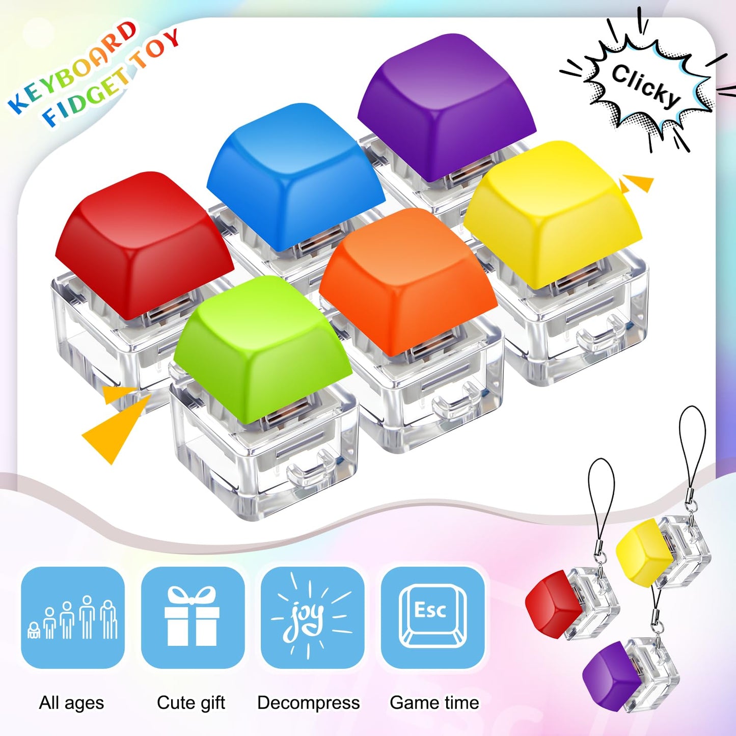 Taiyin 6 Pcs Keyboard Fidget Toy Fidget Clicker Keyboard Fidget Keychain Keyboard Decompression Toys Button Stress Relief Gifts for mature-themed to Relief Stress Pass The Time(Bright)