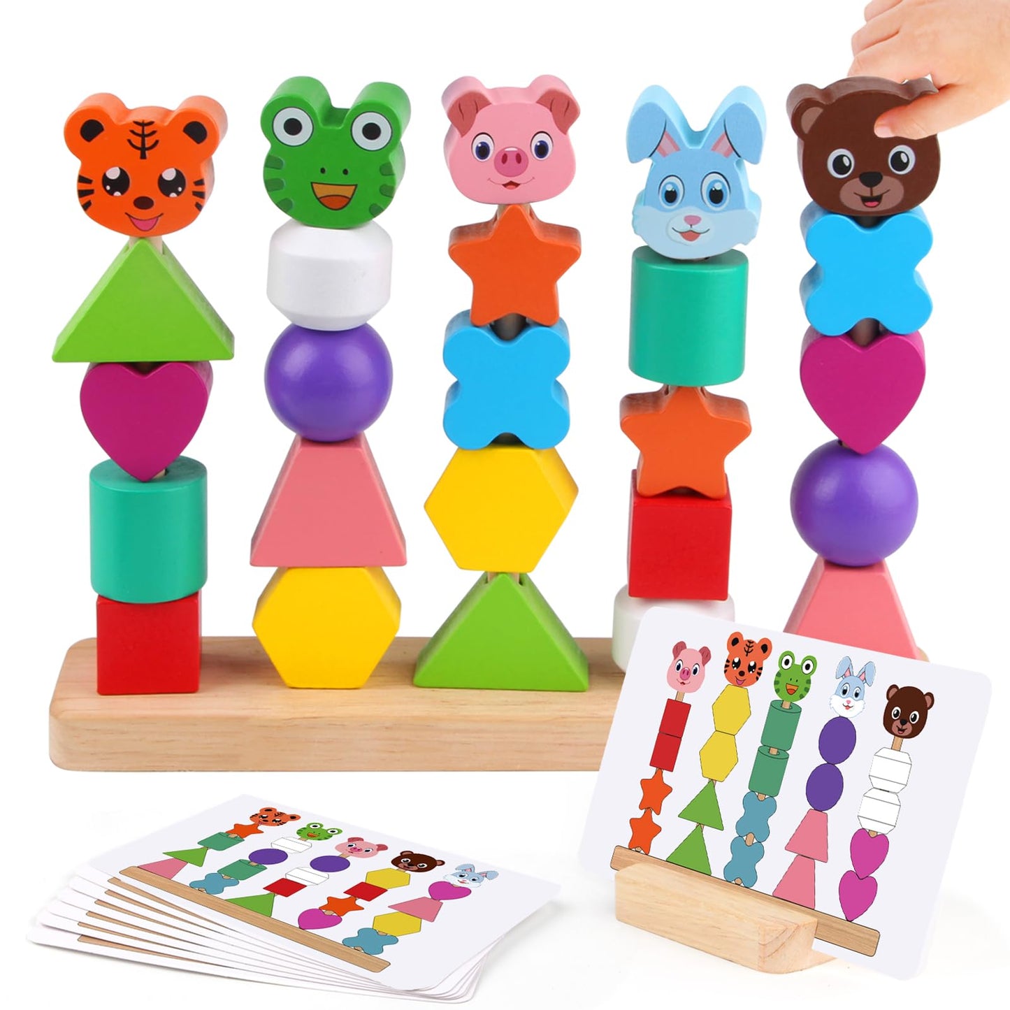 Vinlon Animal Baby Toys For Boys Girls 2 3 4 Years Old - Cute Rabbit Bear Tiger Pig Frog- Wooden Bead Sequencing Set-Stacking Sh