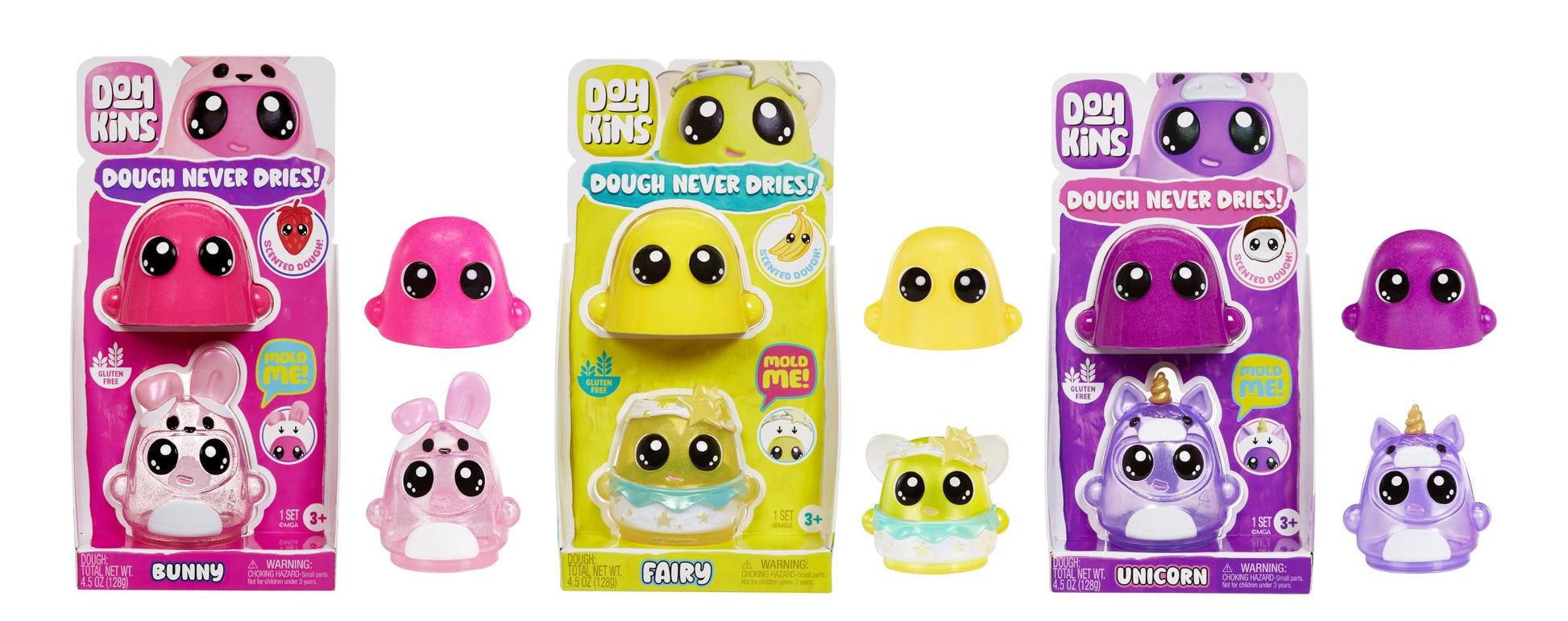 DohKins 3 Pack Characters, Unicorn, Bunny, Fairy - Dough Never Dries, Ages 2+