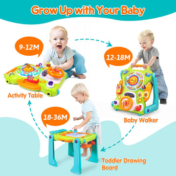 3-In-1 Baby Walker For Boy Girls Sit To Stand Toy Activity Center Drawing Board Infant Toys For 1 Year Old Birthday Gifts 9 12 18 Months 2 3 Year Old Kid Toddler Push Toy Musical Sound Light Effect