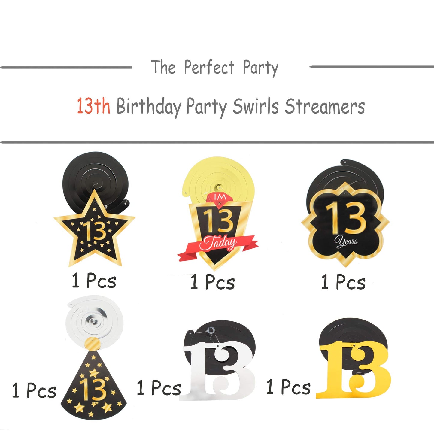 LINGTEER Happy 13th Birthday Decorations,13th Birthday Black with Gold Swirls Hanging Streamer Kit,Cheers to Thirteen Years Old
