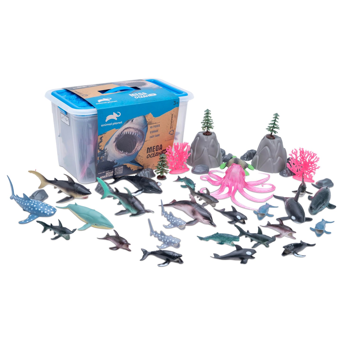 Animal Planet 45-Piece Ocean Animal Toy Set - Sea Life Figures with Sharks, Dolphins, Whales, Octopus, Coral, Rocks & Scenery fo