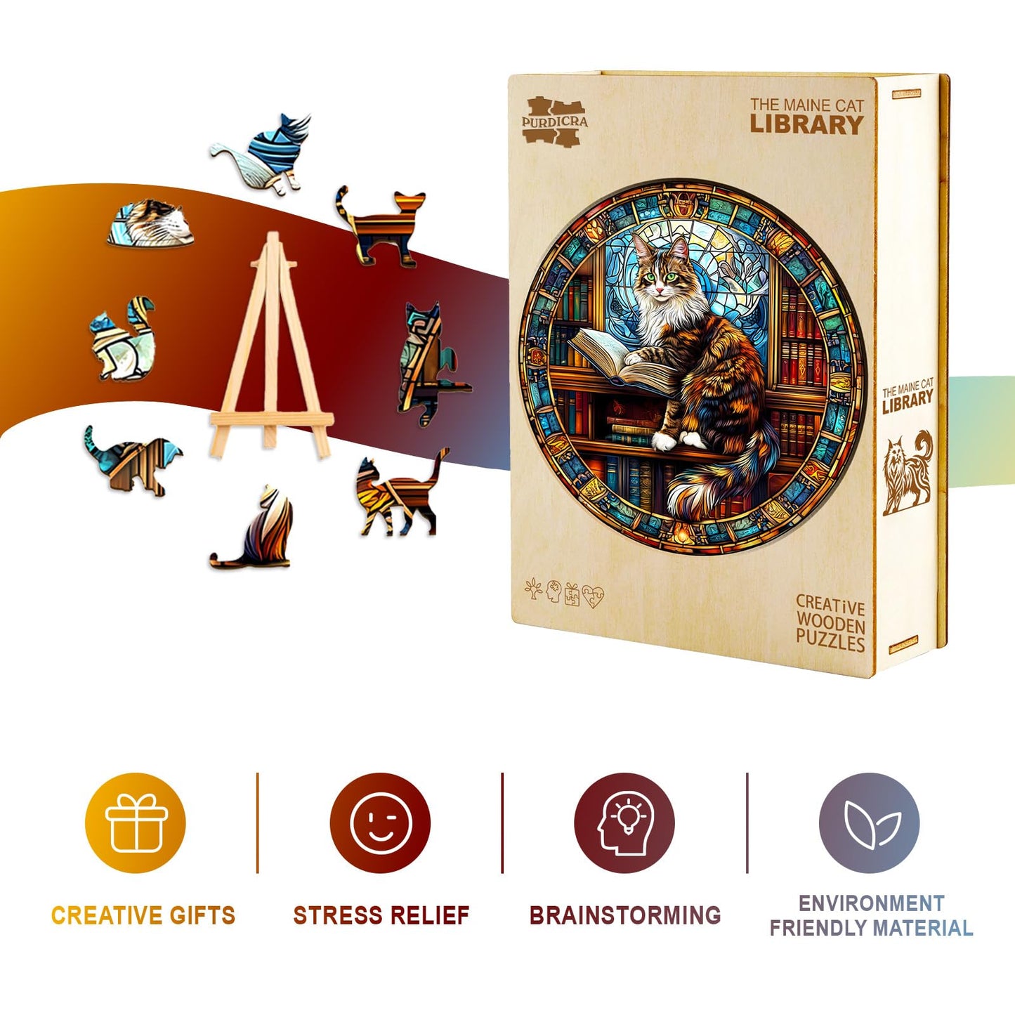 Wooden Puzzles for mature-themeds - Challenging Maine Cat Library mature-themed Puzzle  Unique Animal Shaped Wooden Jigsaw Puzzles for mature-themeds  Creative Gifts Family Games 11.4 * 11.4in 200pcs