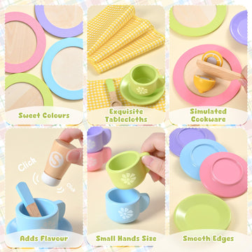 Toyssa 34 PCS Wooden Play Dishes and Plates Kitchen Set Toys for Toddler, Kids Play Kitchen Accessories with Pan & Tableware, Mo