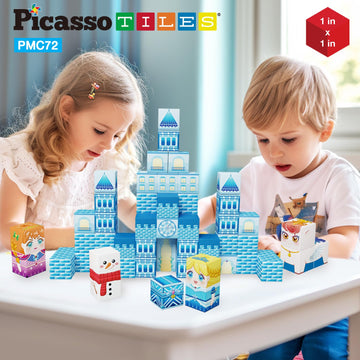 Picassotiles Magnet Cube Winter Ice Themed Mix And Match Building Block Castle Construction Toy With 7 Magnetic Cubed Character