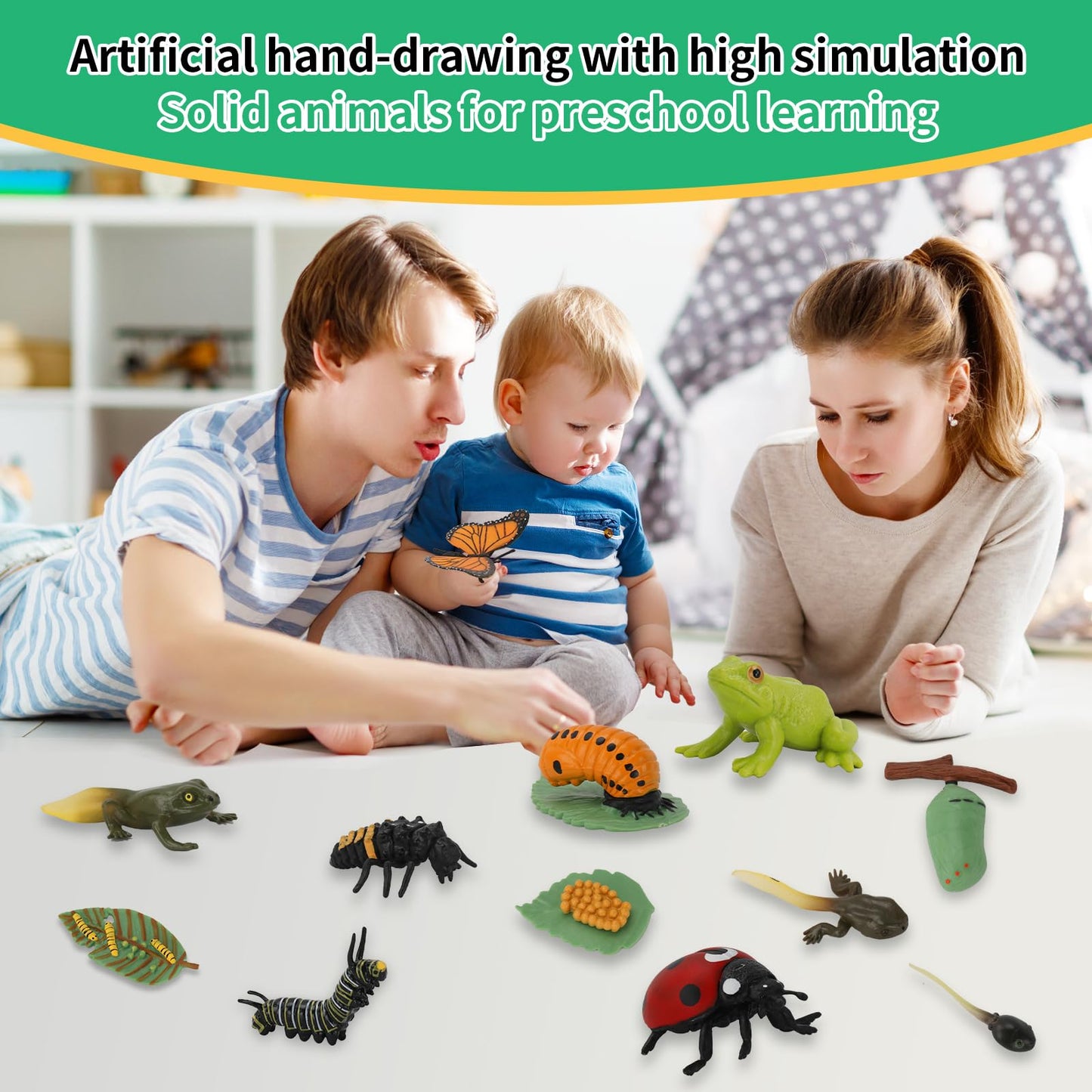 Montessori Life Cycle Learning & Education Toys - Plastic Insect Ladybug, Monarch Butterfly, And Tadpole-To-Frog Kit For Kids, P