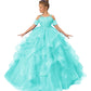 Long Princess Girls Pageant Dress Tulle Ruffles Flower Girl Dress Beaded Appliques Wedding Party Costumes Turquoise Us6