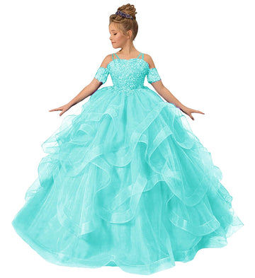 Long Princess Girls Pageant Dress Tulle Ruffles Flower Girl Dress Beaded Appliques Wedding Party Costumes Turquoise Us6