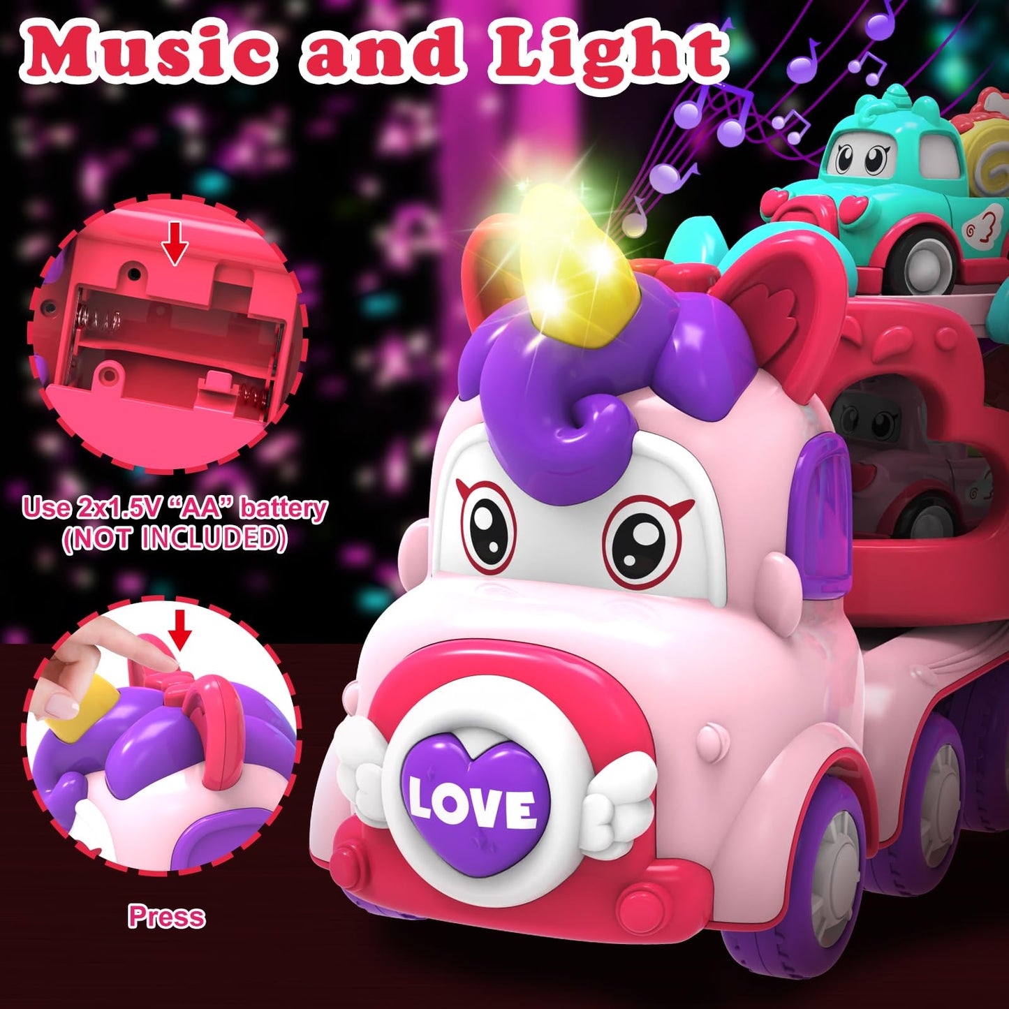 seveclotree Toddler Girl Toys - 7-in-1 Carrier Truck with Light & Sound, Rose Red, Perfect for 1-3 Year Old Birthday & Christmas Gifts