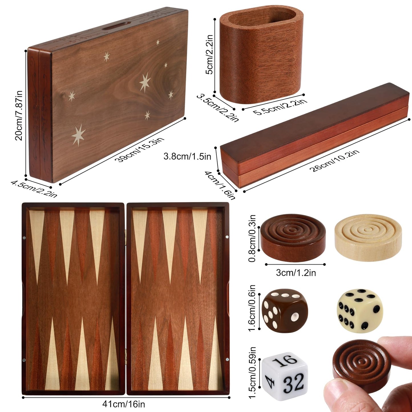 Handcrafted Wooden Backgn Set - 16x15.3inch  Oversized Pieces  Intricate Carvings  enhanced Travel Game Board for mature-themeds & Kids (Star)