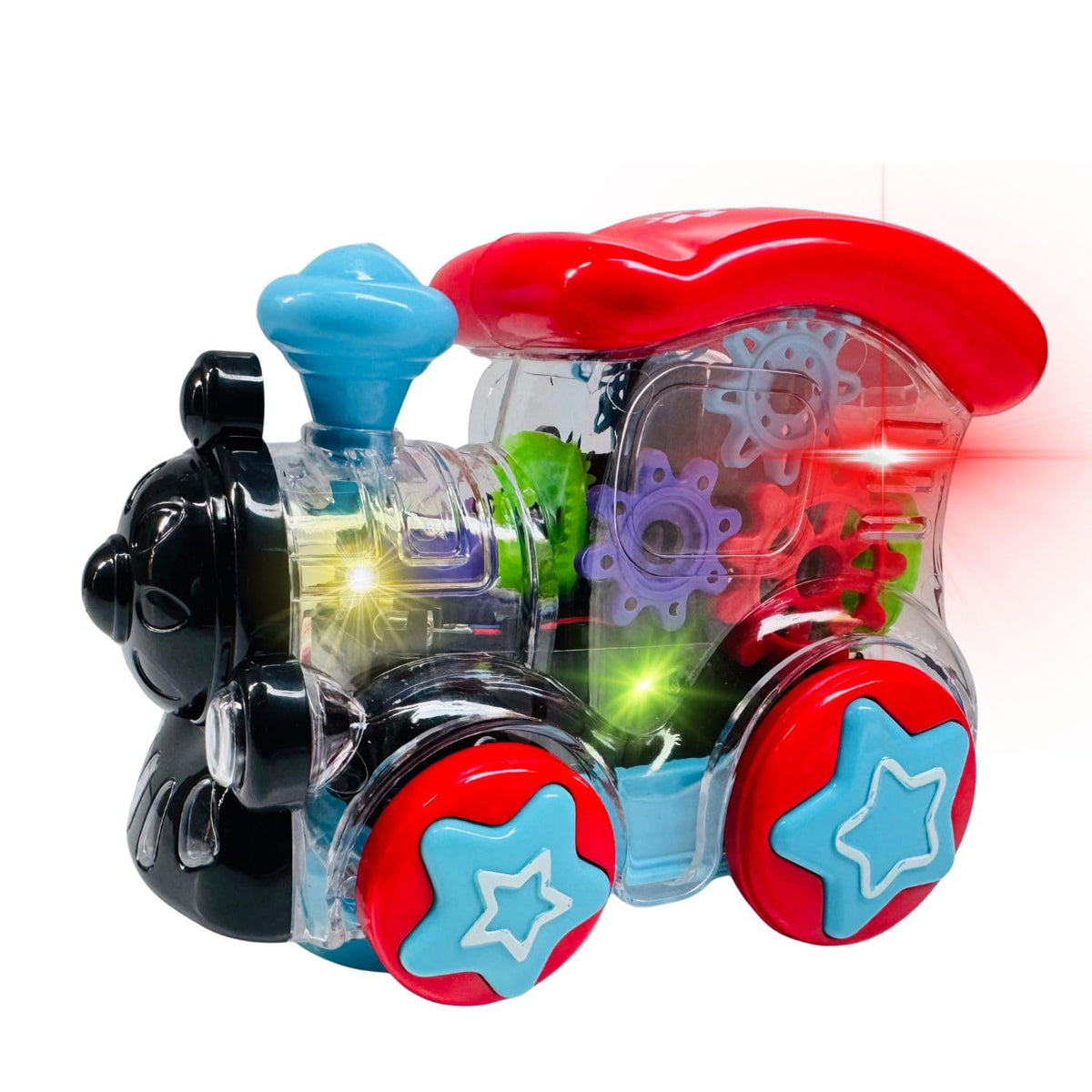 MM TOYS Mini Musical Engine Toy Train with Lights & Sound | Transparent Gear Train Engine for Kids 2+ | Bump n Go 360 Rotation T