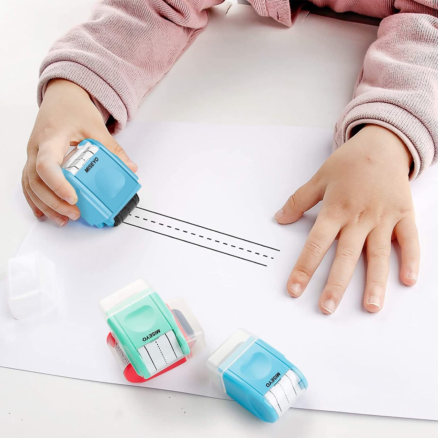 Miseyo Dashed Handwriting Lines Practice Roller Stamp,Self-Inking Line Rolling Stamps for Kids Writing - Blue