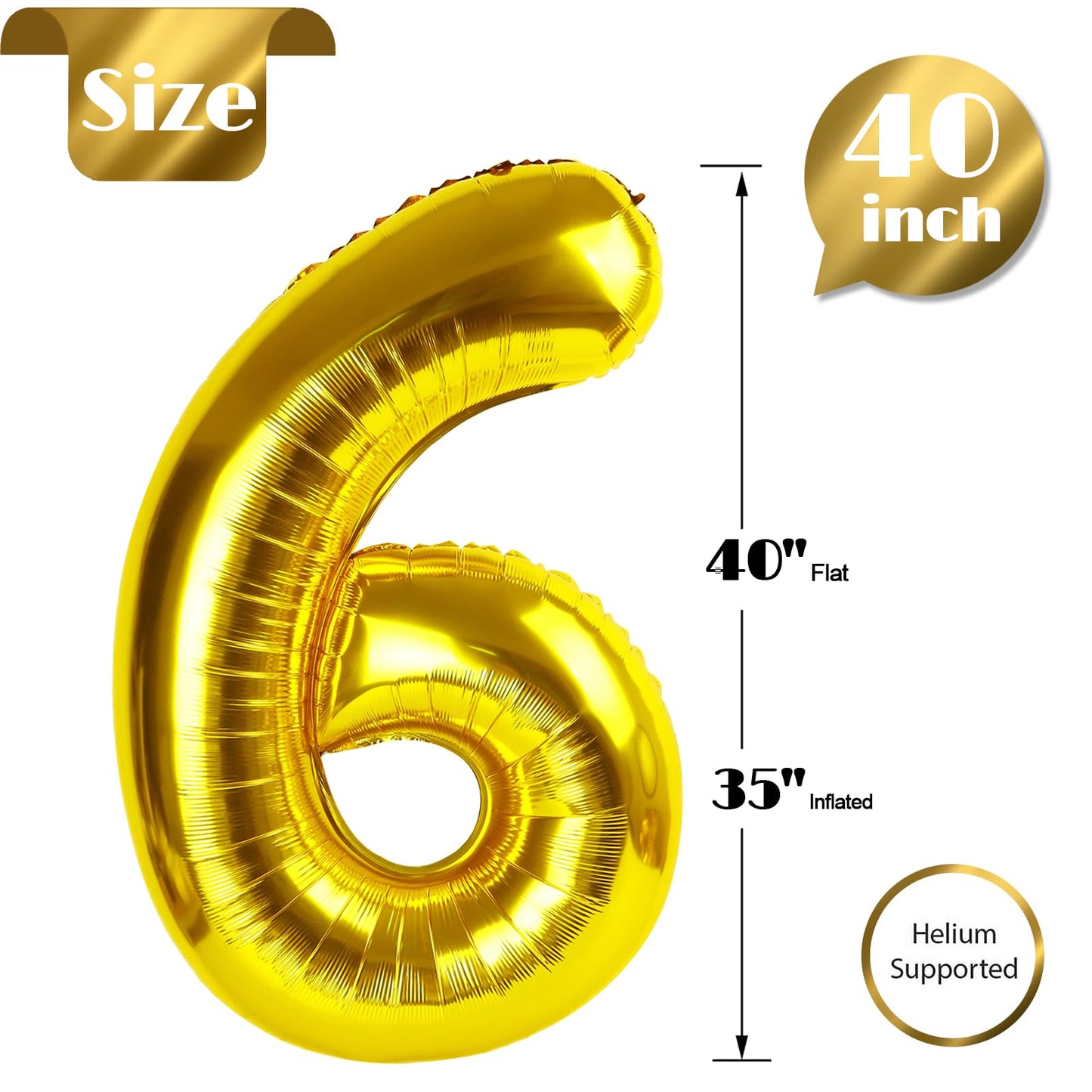 Gold Number 6 Balloon 40 Inch, 6 Balloon Number, 6Th Birthday Decorations, Gold Party Supplies For Boys Girls