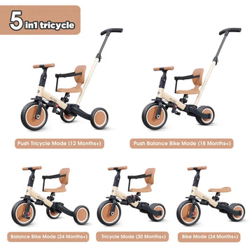 newyoo Toddler Tricycle with Push Handle for 1-3 Year Old, Toddler Bike, Birthday Toy for Boys and Girls, 5 in 1 Kids Trike, Bal