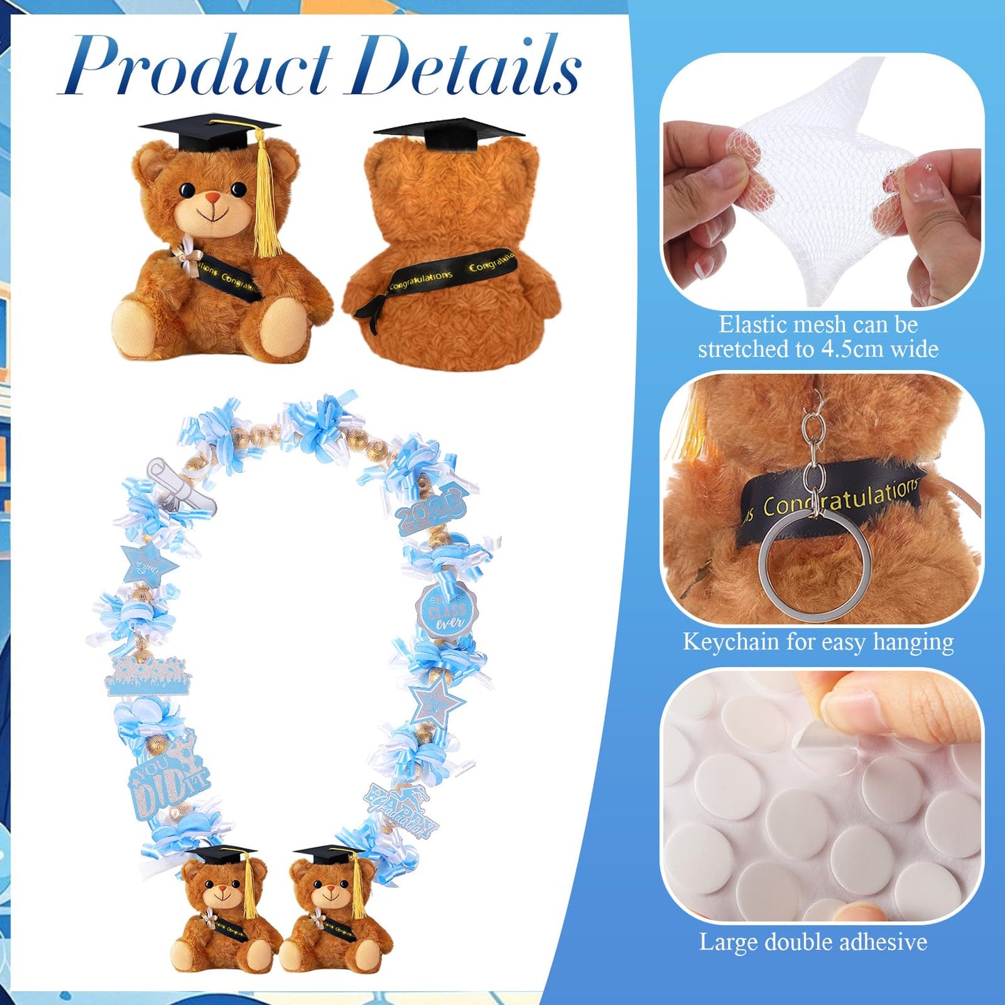 RoundFunny Graduation Candy Leis Making Kit - 82 Pcs Plush Bear, Light Blue & White, Model QIR-RoundFunny-2649