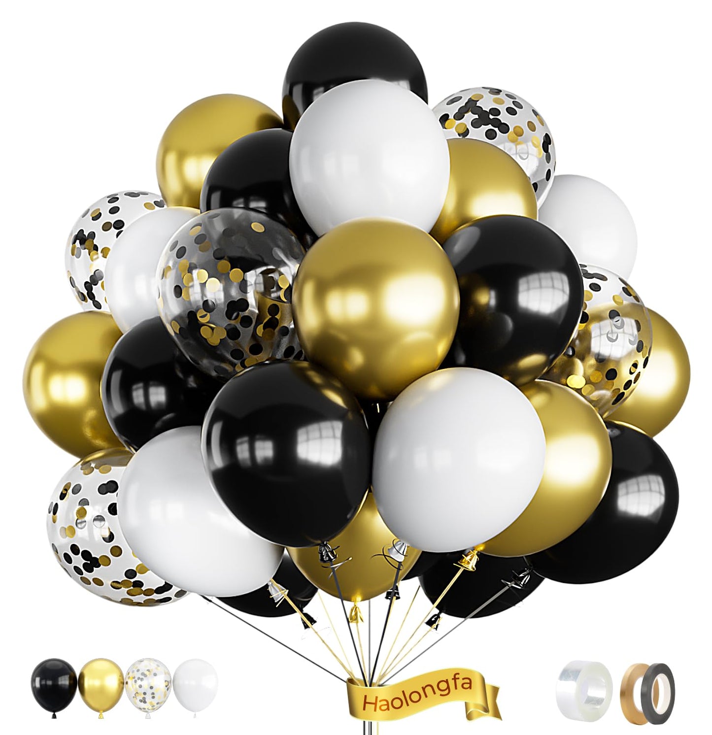 Haolongfa 12 Inch Black And Gold Balloons,60Pcs Black White And Gold Confetti Balloons,Black And Gold Latex Balloons For Graduat