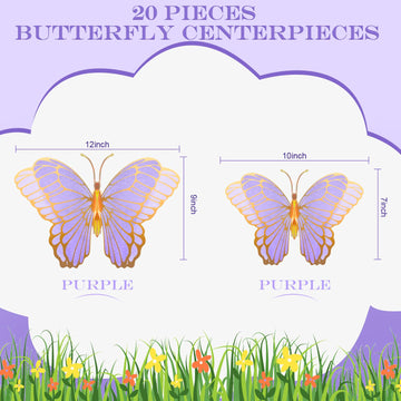 Wettarn 20 Pcs Butterfly Centerpieces For Tables Butterfly Party Decorations 3D Golden Butterfly Table Toppers Centerpiece For Girl Party Birthday Baby Shower (Purple,12 X 9 In,10 X 7 In)