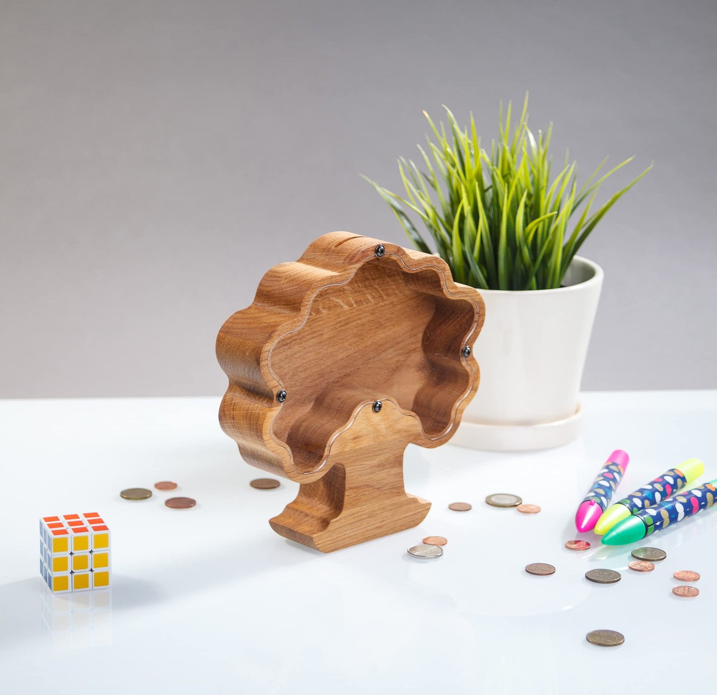Wooden bonsai tree money box frame Piggy bank for mature-themed boy girl kid Wood Montessori gifts Personalise coin bank Tip jar Original family gift (Standard)
