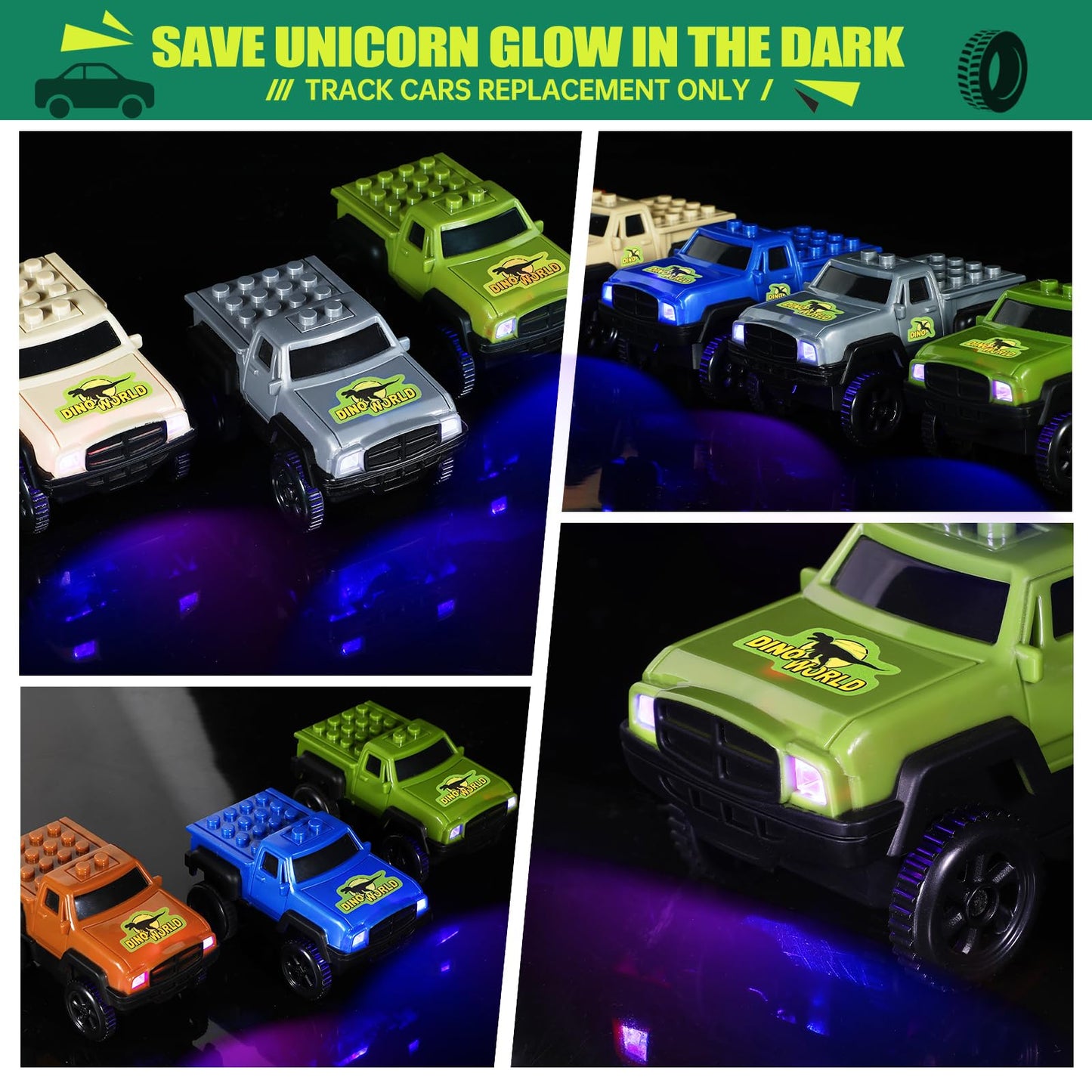 Save Unicorn Tracks Cars only Replacement,Track Cars for Tracks Glow in The Dark, Car Tracks Accessories with 3 Flashing LED Lig