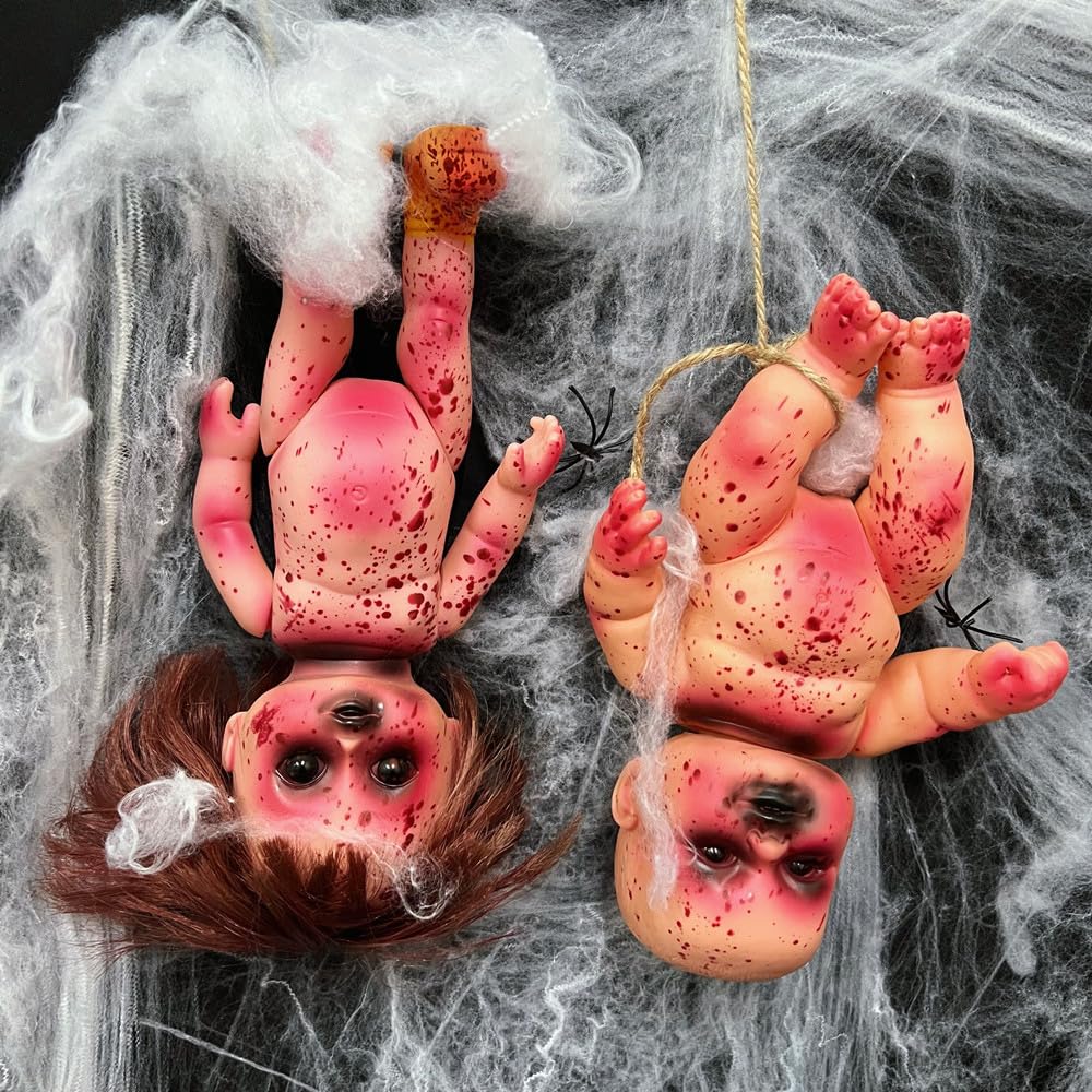 Yyplian 2Pcs Halloween Creepy Dolls,10 Inch Bloody Haunted Doll Scary Hanging Zombie Dolls With Rope,Halloween Scary Horror Deco