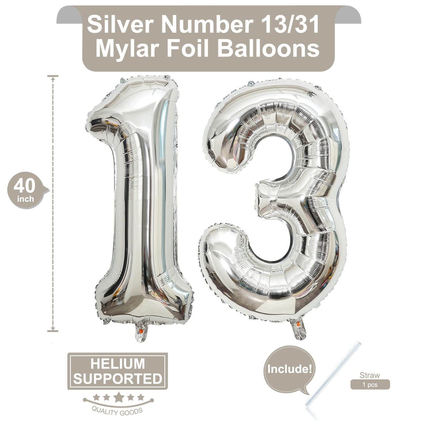 40 Inch Silver 13 Number Balloons Giant Jumbo Huge 13 Or 31 Foil Mylar Helium Number Digital Balloons Silver Birthday Mylar Digi