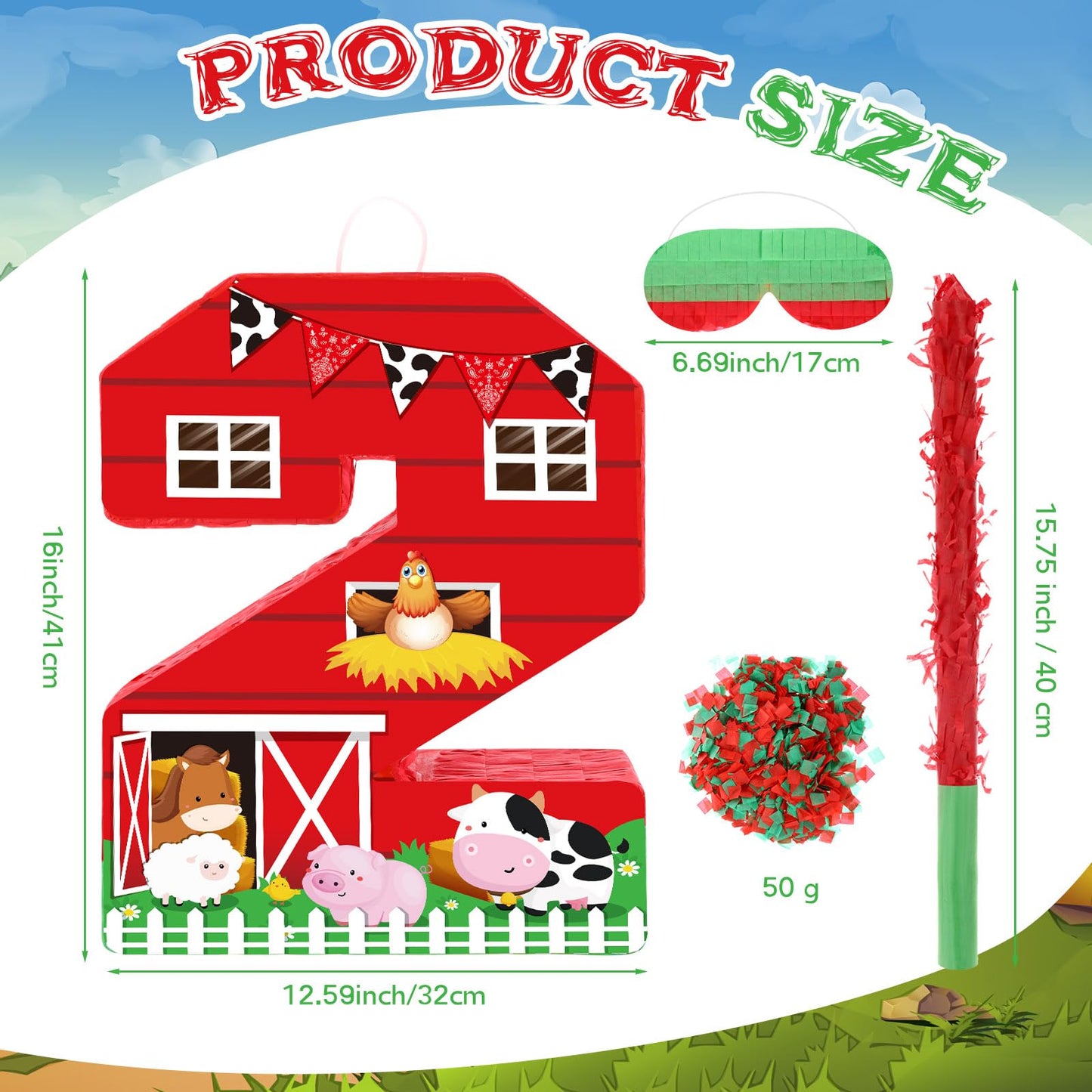 Hungdao Farm Birthday Piñata - Number 2, Red Cardboard Piñata with Blindfold, Bat & Confetti for Boys & Girls Party Decorations