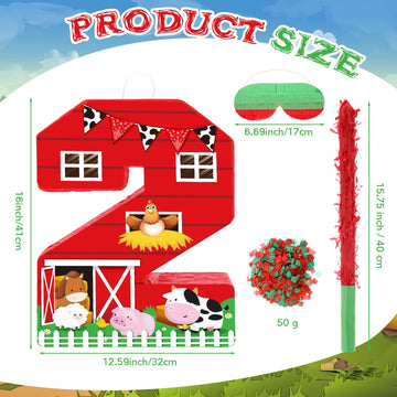 Hungdao Farm Birthday Piñata - Number 2, Red Cardboard Piñata with Blindfold, Bat & Confetti for Boys & Girls Party Decorations