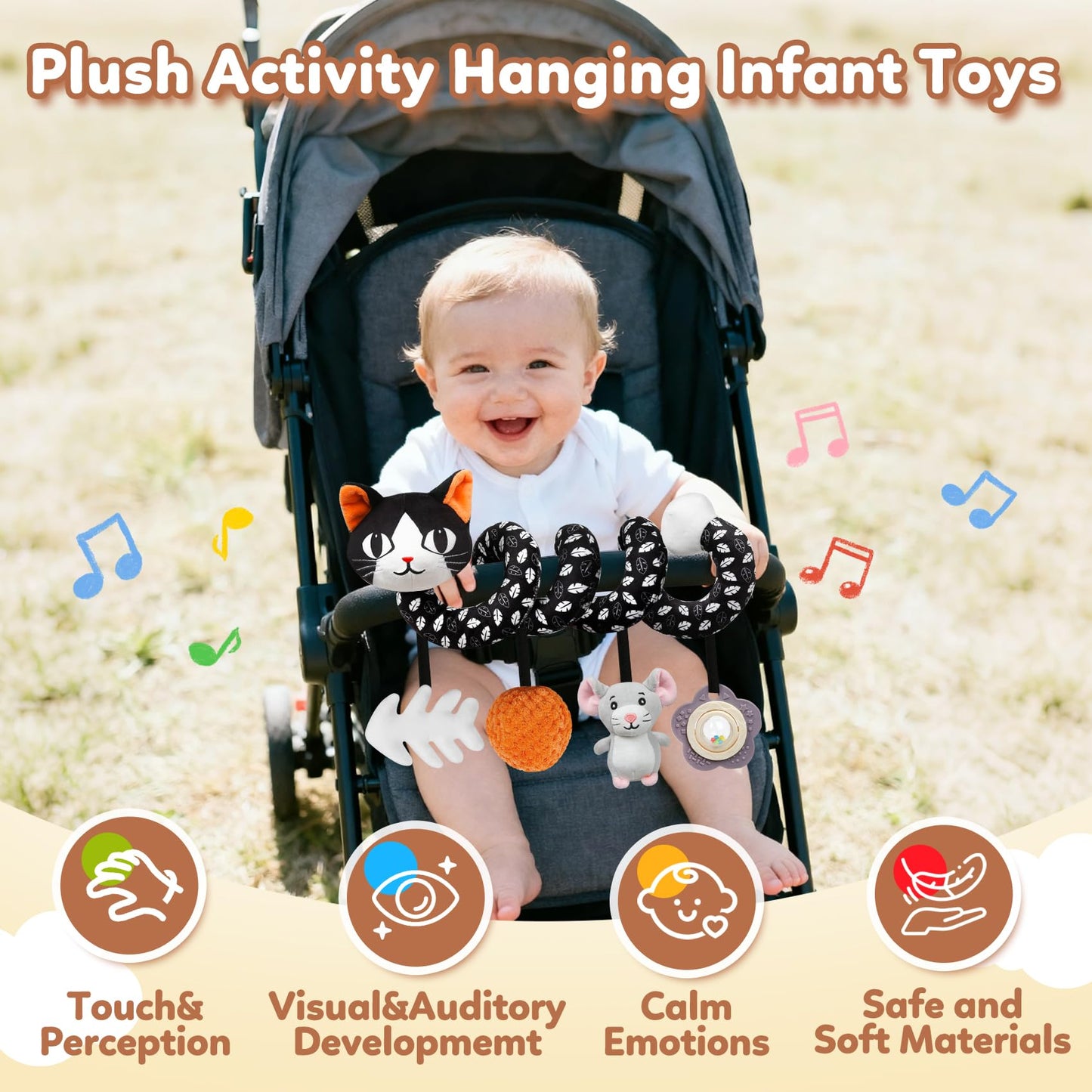 GKDOMS Baby Carseat Toy Black & White Rattle Spiral Hanging Activity Stroller Toy for Newborns Boys and Girls - Cat