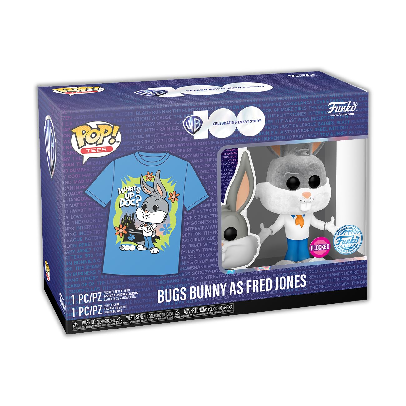 Funko Pop! & Tee: Bugs Bunny™ As Fred Jones™ (Flocked) - Large - (L) - T-Shirt - Clothes With Collectable Vinyl Minifigure - Gift Idea - Toys And Short Sleeve Top For Adults Unisex