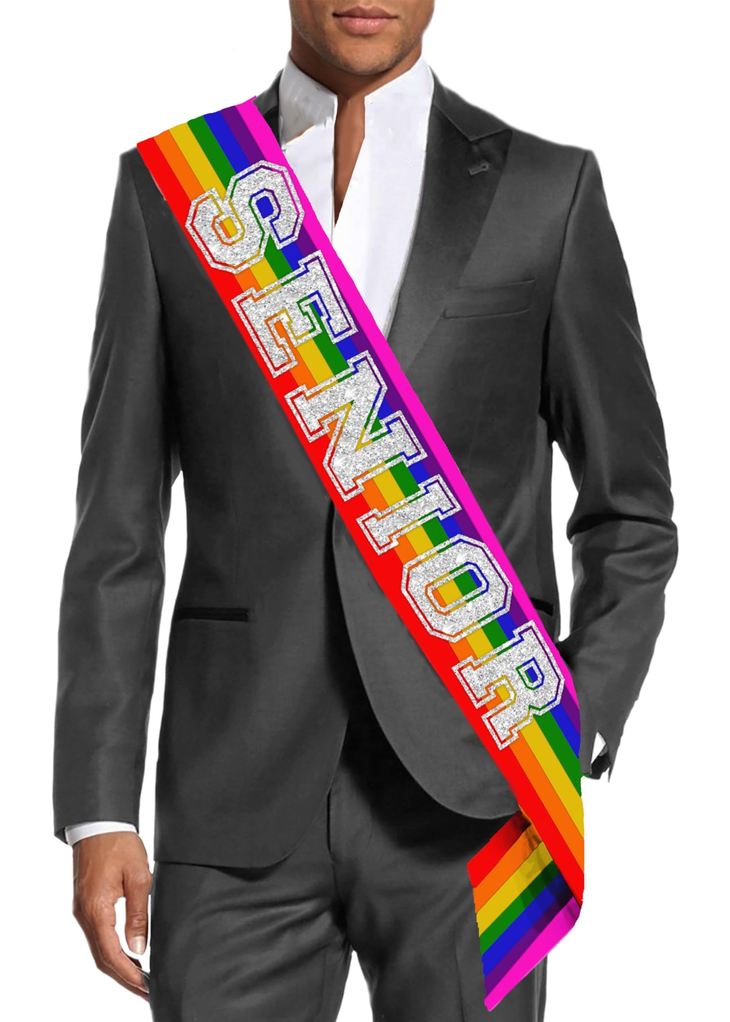 Rhinestonesash Senior Sash Rainbow - Silver Sparkle Senior Rainbow Premium Grade Satin Sash - Gay Pride Graduation Gift - Rainbo