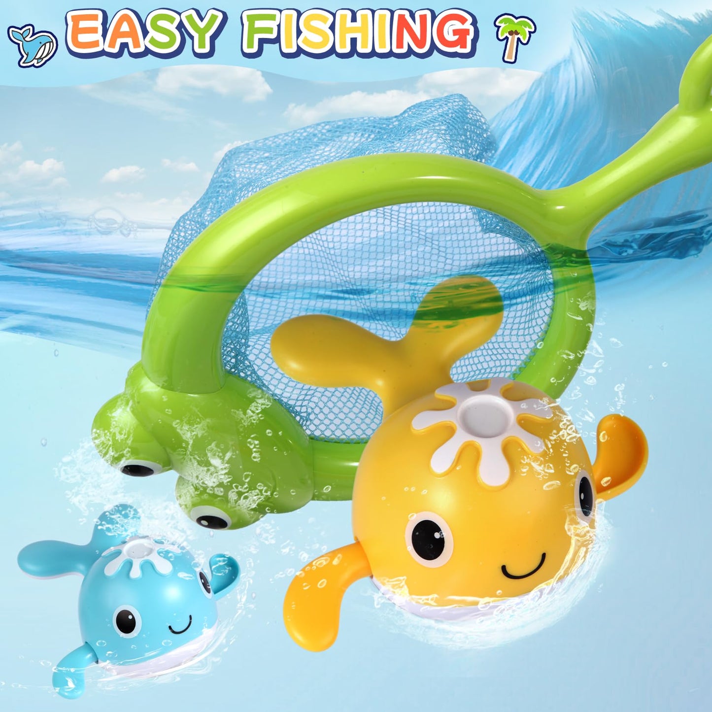 Ficcurys Baby Bath Toys Set,Wind Up Pool Toys For Toddlers 1-3,Kids Magnetic Fishing Toys With Fishing Rod,Fishing Net And 4Pcs
