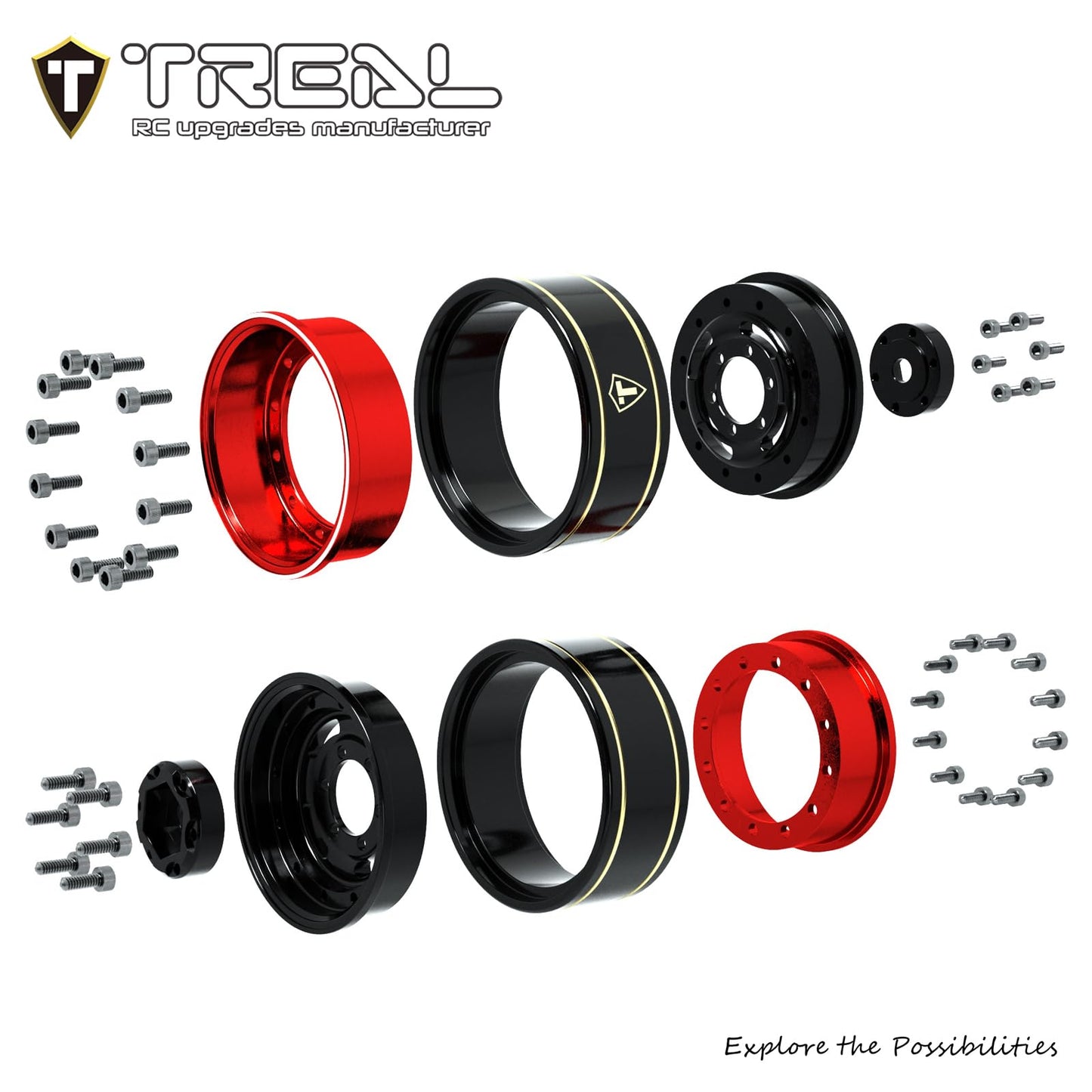 Treal 1.0 Beadlock Wheels Deep Dish Rims (4P) For Scx24 Ax24 Fcx24 Trx4M 1/24 1/18 Crawler Car-Type F(Red)