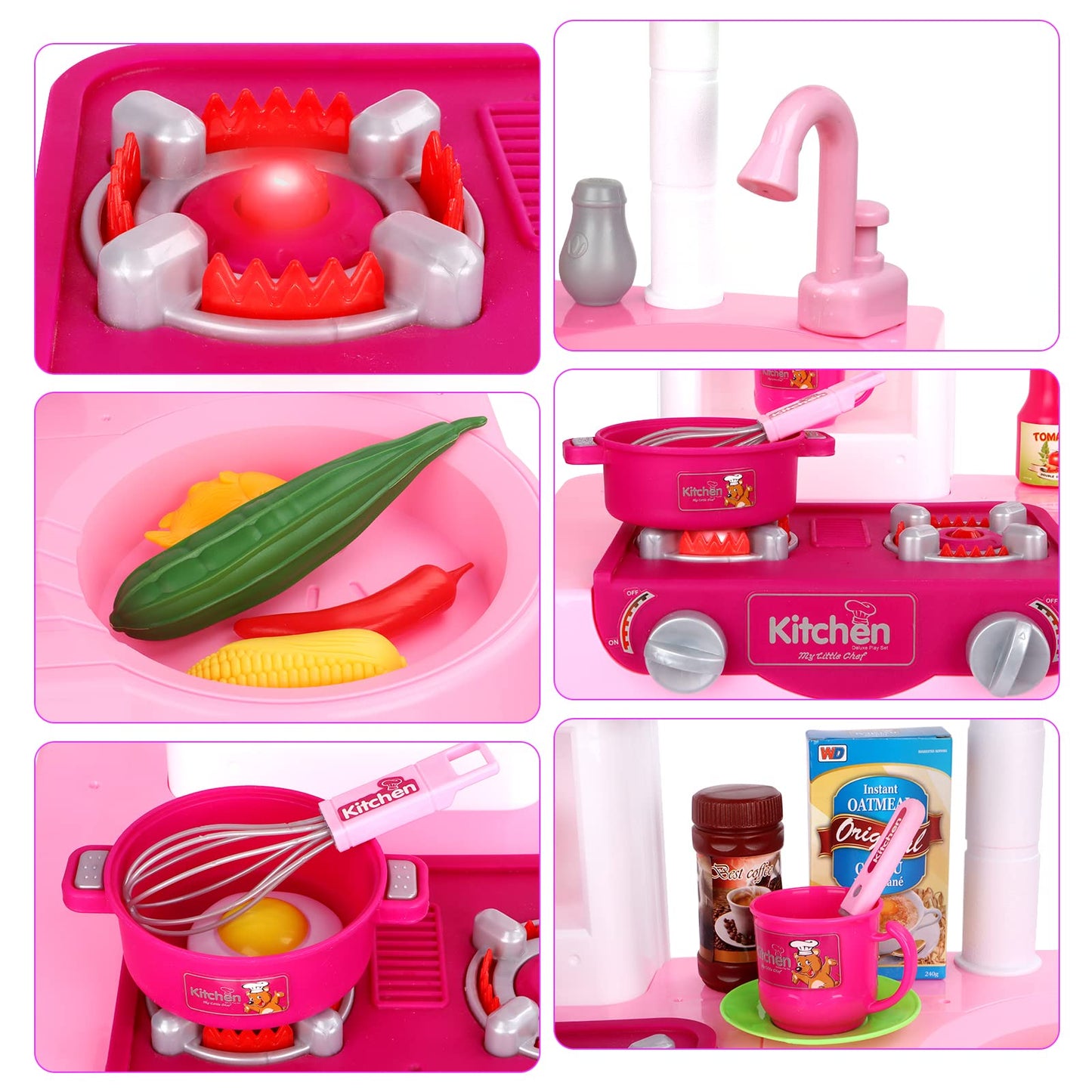 deAO Kitchen Playset Toy Pretend Food with Sounds and Lights Role Playing Game Pretend Food Playset for Toddlers,Pink