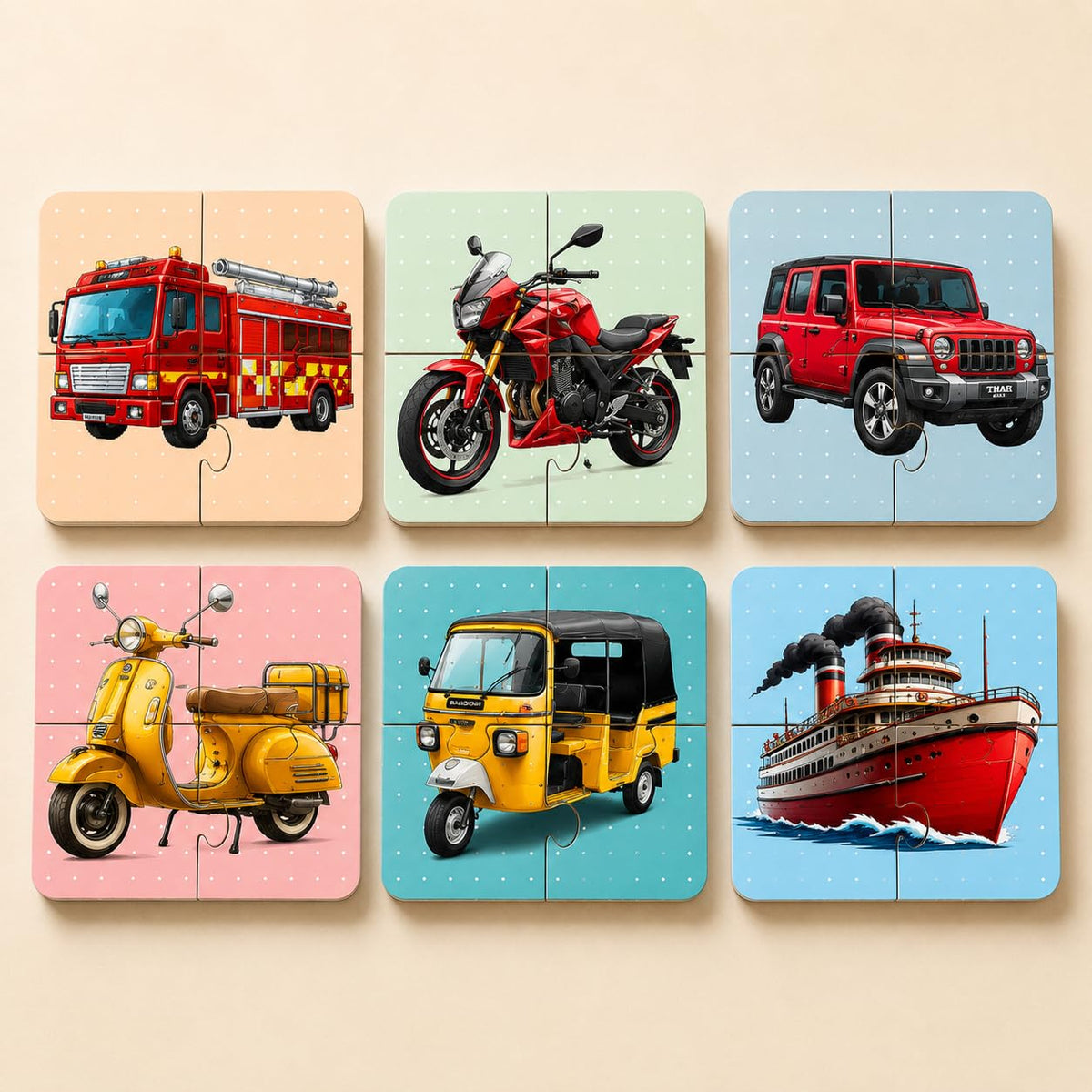 2X2 Jigsaw Puzzle Collection, Vehicles Theme, Set Of 6