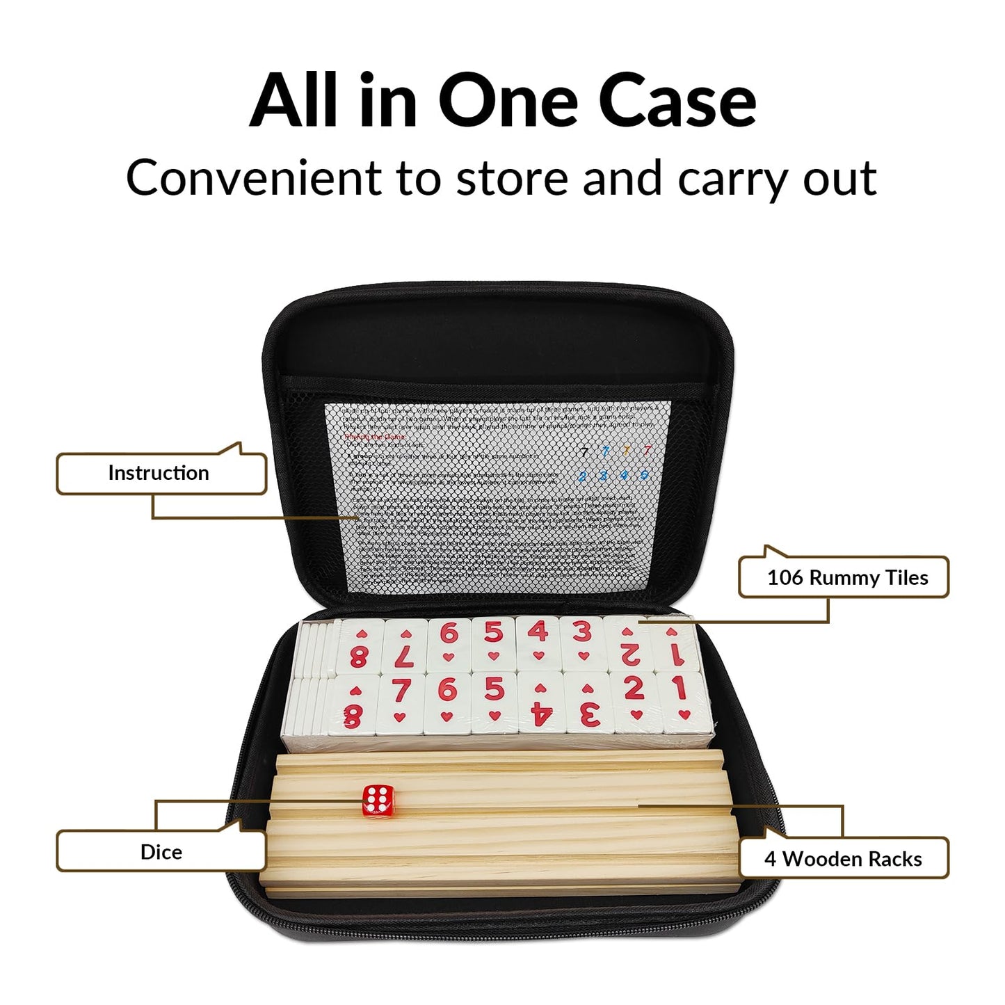MIDOLITE Rummy Cube Game Set - 106 Wooden Tiles with 4 Racks, Travel Case, Family Game Night, White