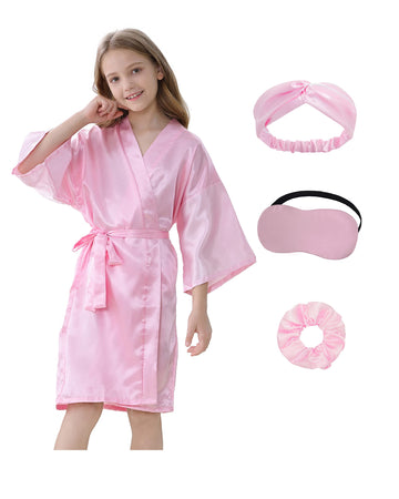 Kid Girls Spa Costume Party Set with Eyemask Hairband Hair Ring  Silky Plain Kimono Robes for Wedding Flower Robe (Pink  Tag 8)