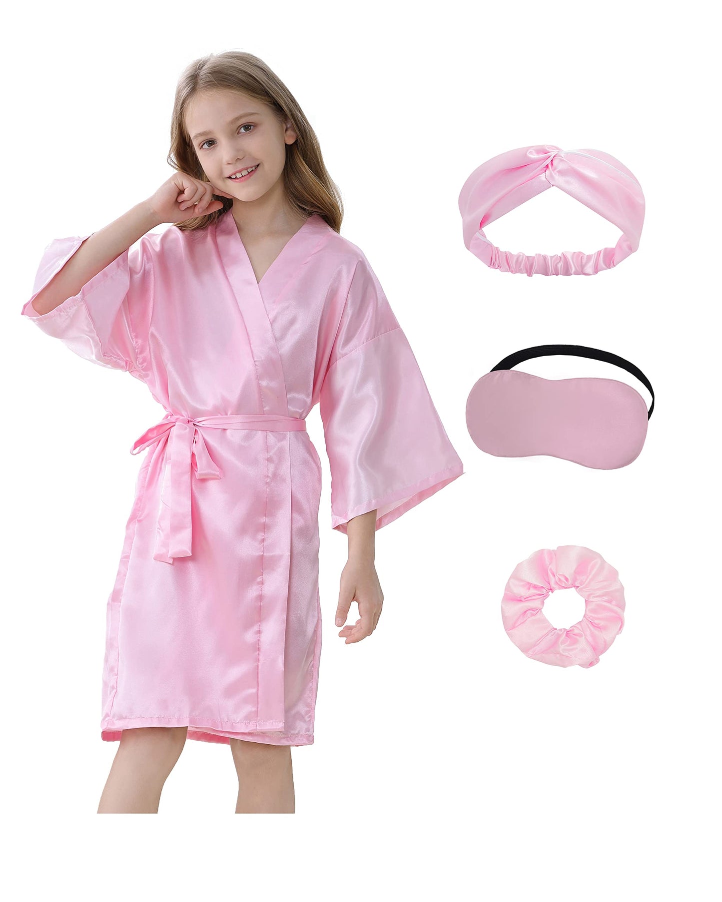 Kid Girls Spa Costume Party Set with Eyemask Hairband Hair Ring  Silky Plain Kimono Robes for Wedding Flower Robe (Pink  Tag 4)