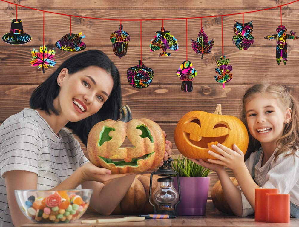 Hohomark Thanksgiving Scratch Off Cards - 24Pcs Thanksgiving Crafts For Kids Diy Rainbow Scratch Paper For Thanksgiving Party Thanksgiving Arts And Crafts For Kids