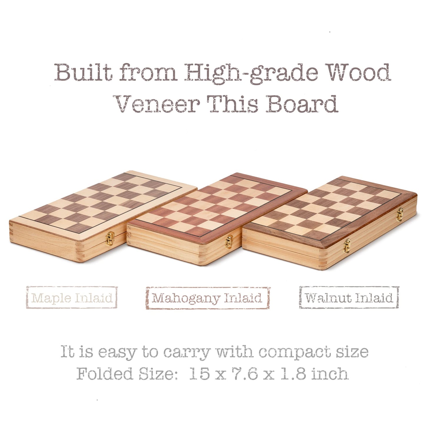 Lingle 15 Inch Travel Wooden Folding Chess Set W/ 3 Inch Kh Chess Pieces- Walnut & Maple Inlay Board Games