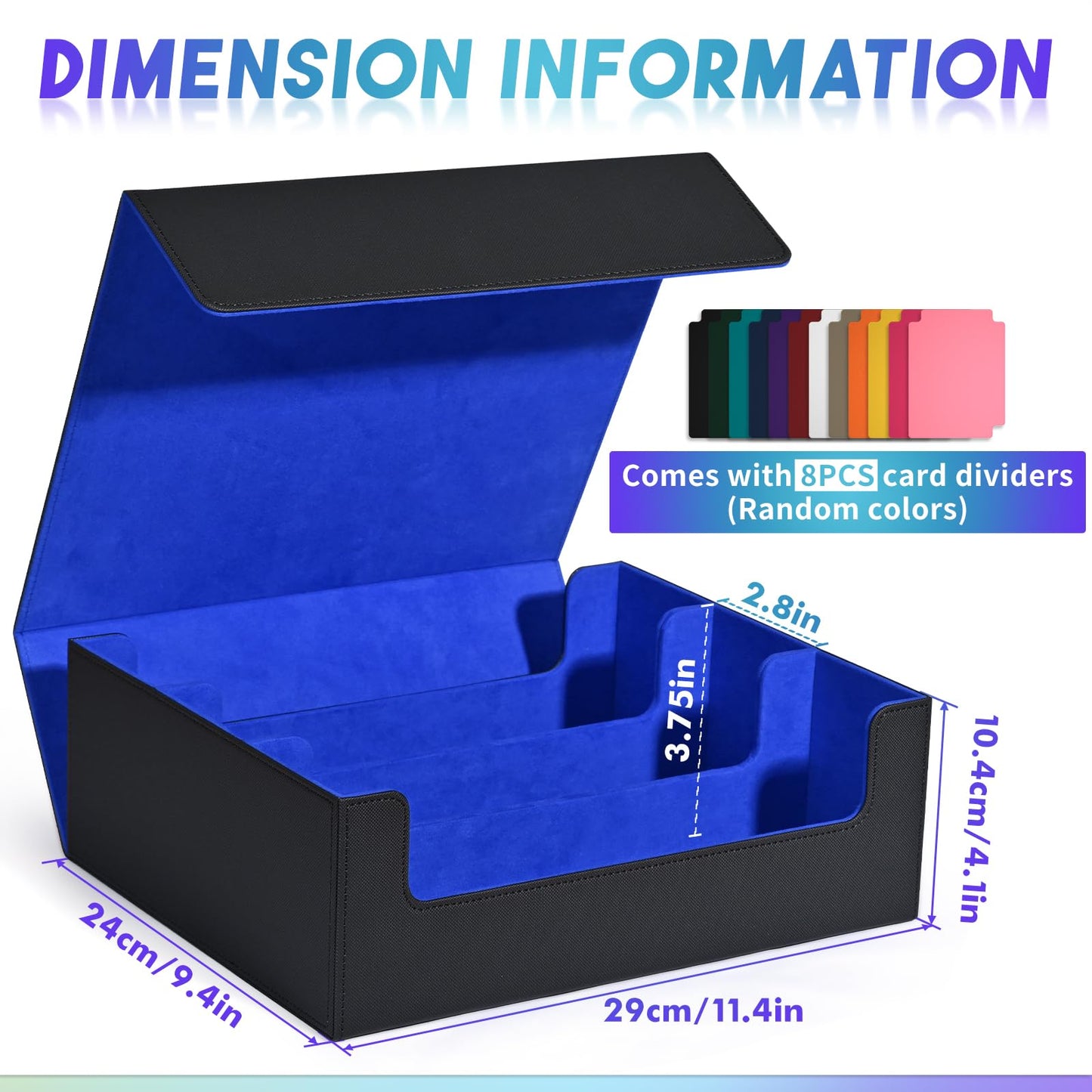 Uaono Card Storage Box For Trading Cards, 1800+ Pu Leather Commander Card Deck Case, Magnetic Closure Card Holder Fits For Magic Game Cards (Black&Blue)